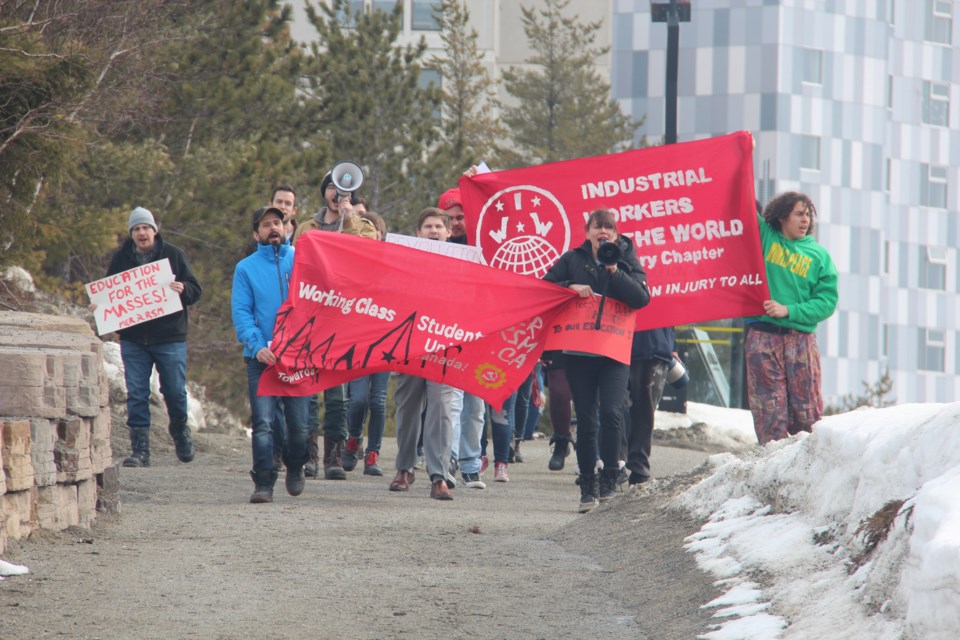 A group of about 20 Laurentian University students took part in a walkout Wednesday afternoon to protest changes to the education system announced by the Doug Ford provincial government. (Heidi Ulrichsen/Sudbury.com)
