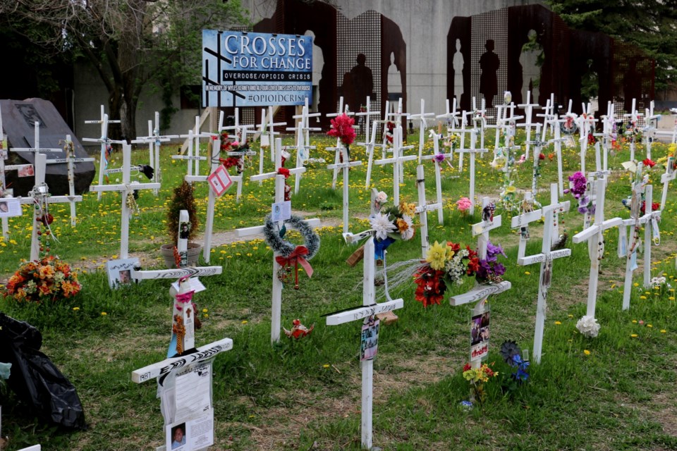 The memorial of white crosses in downtown Sudbury speaks to the severity of the city's opioid epidemic.