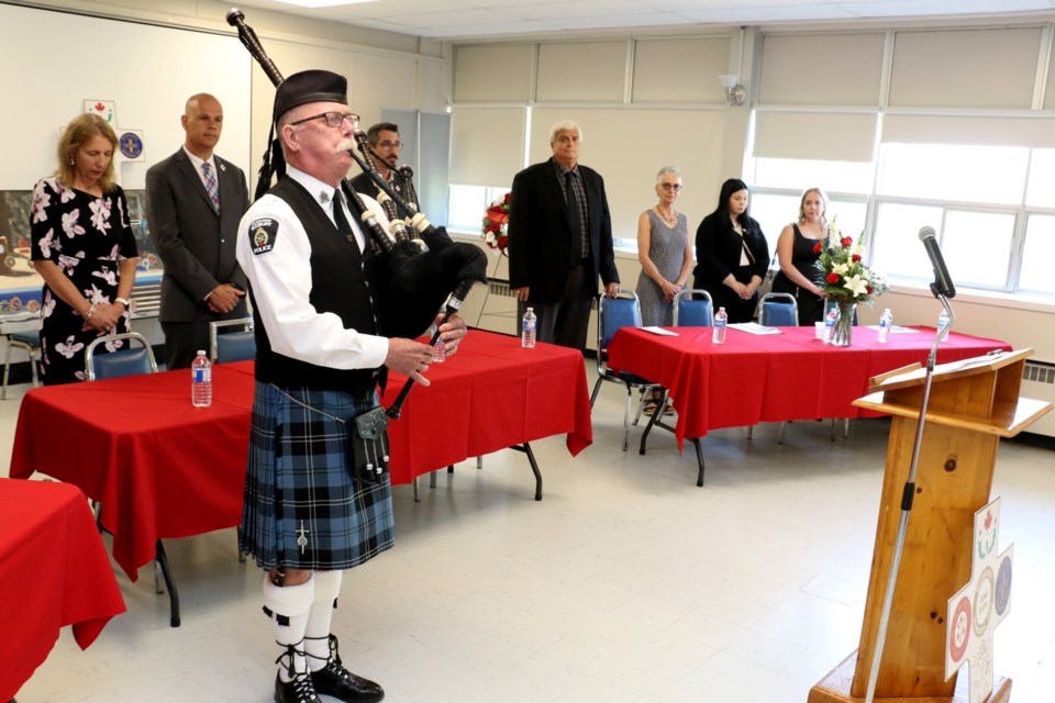 The annual memorial event for the 1984 Falconbridge Mine tragedy was held June 20 at Branch 336 in Falconbridge. Speakers at the Mine Mill Memorial event were piped in at the Falconbridge Royal Canadian Legion hall Tuesday by piper Dave Linney of the Greater Sudbury Police pipe band.