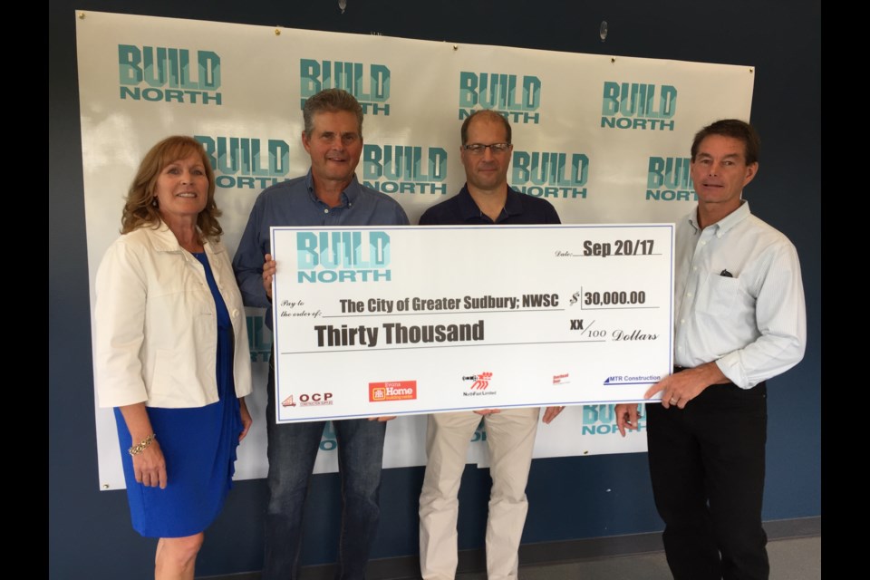 Build North Construction presented a cheque for $30,000 to the Northern Water Sports Centre on Sept. 20. Pictured left to right are: Build North Construction vice president Tracy Nutt, superintendent Richard Dubé, project manager Maurizio Presot and Northern Water Sports Centre volunteer chair Ron Mulholland. (Heather Green-Oliver/Sudbury.com)
