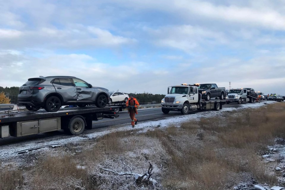 Icy roads following the year's first snowfall are blamed for a 20-vehicle collision on MR 55 on Oct 20, 2022. Only minor injuries were reported but the roadway was closed for several hours as police investigated and tow trucks removed damaged vehicles.
