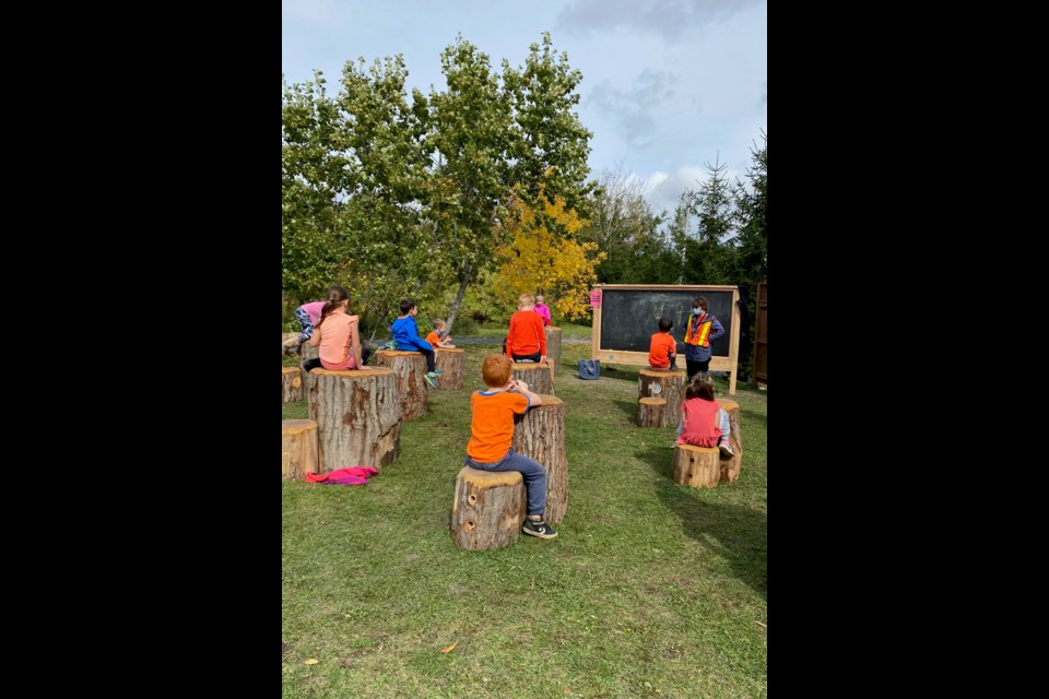 R.L. Beattie Public School students use their new outdoor classroom. (Supplied)