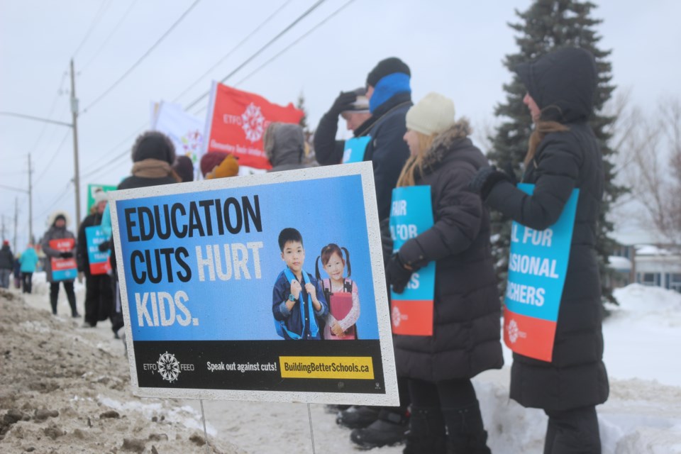 Members of the Elementary Teachers' Federation of Ontario on the picket lines in front of Chelmsford Valley District Composite School on Wednesday. (Heidi Ulrichsen/Sudbury.com)elementary teachers