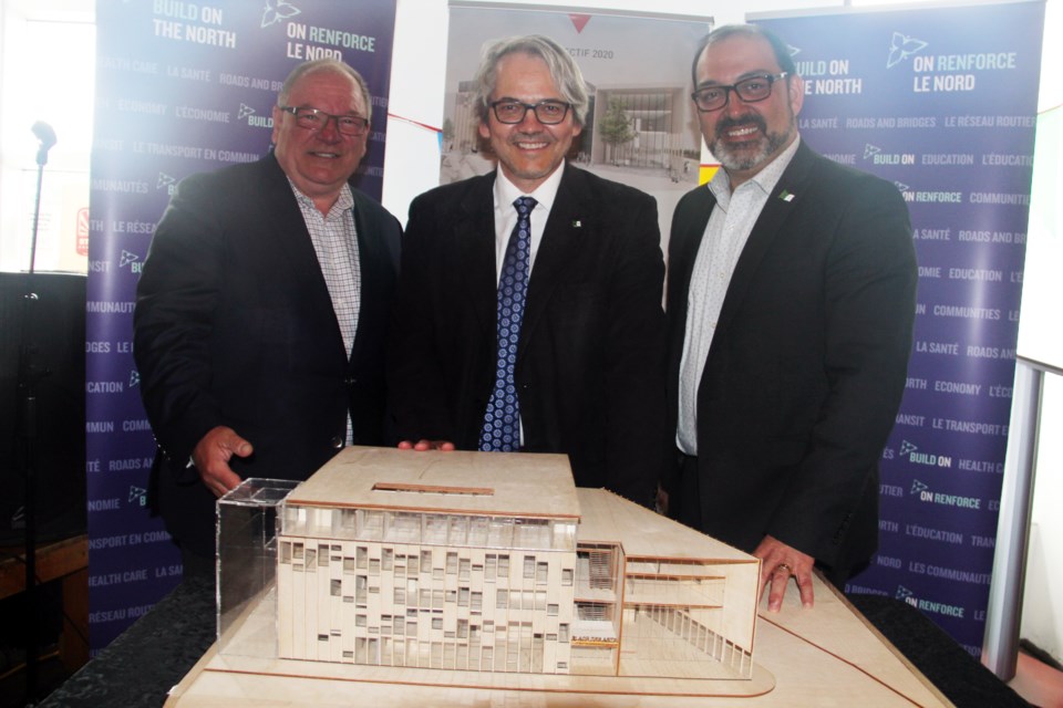 The province is chipping in a total of $8.25 million for Place des Arts. From left are Mayor Brian Bigger, Place des Arts president Stephane Gauthier and Sudbury MPP Glenn Thibeault. (Heidi Ulrichsen/Sudbury.com)