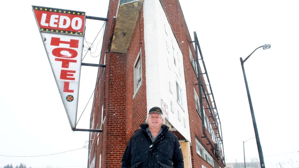 Ledo Hotel building owner George Soule is seen outside his building in downtown Greater Sudbury on Monday. He has said the Le Ledo project proposed for the site is dead and that he intends on developing the structure into affordable housing.