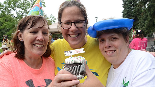 Celebrating Birthday in the Park is, from left, Barb Cote, Rev. Cathy Dahmer and Paula Janveaux. Photo by Arron Pickard.