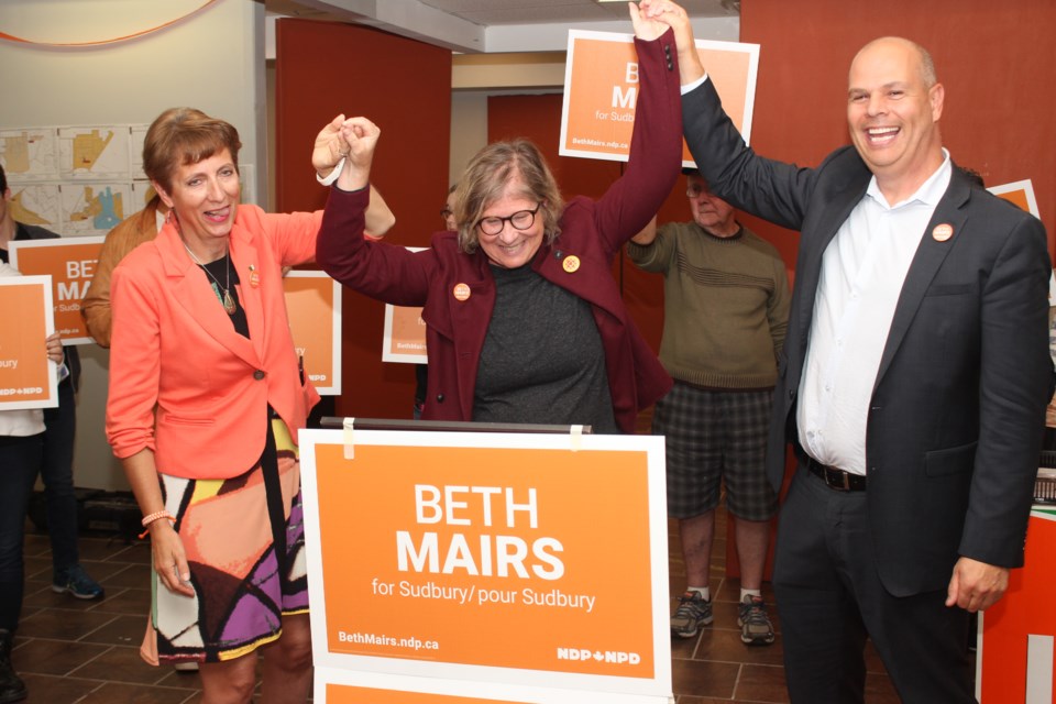 Sudbury NDP candidate Beth Mairs (centre) is seen here with Nickel Belt NDP MPP France Gélinas and Sudbury NDP MPP Jamie West at her campaign office official opening. (Matt Durnan/Sudbury.com)