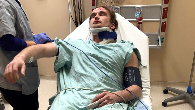 Lively teen Noah Pasivirta is seen in hospital after the vehicle he was driving was hit by an alleged drunk driver. (Supplied)