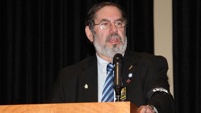 Steelworkers International president Leo Gerard is seen here speaking at Steelworkers Local 6500's Day of Mourning event in Greater Sudbury in 2012. (File)