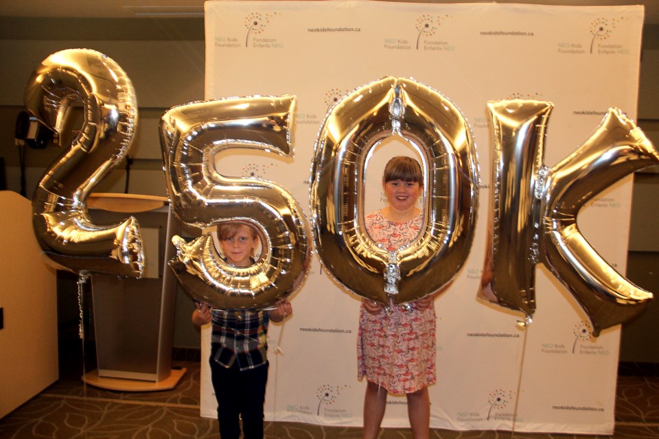 Davis Armstrong, 7, and Rilynn Mack, 9, helped reveal a large donation to NEO Kids by Scotiabank June 26. (Heidi Ulrichsen/Sudbury.com)