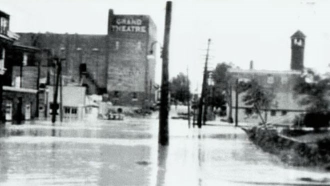 Floods such as this one in downtown Sudbury in 1937 used to be a common occurrence in Sudbury. (Supplied)