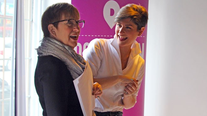 Downtown Sudbury executive director Maureen Luoma, left, welcomes Win This Space 2017 winner Justine Martin, owner of  Guilty Pleasures Bakeshop + Bar, to the downtown core. (Allana McDougall/Sudbury.com)