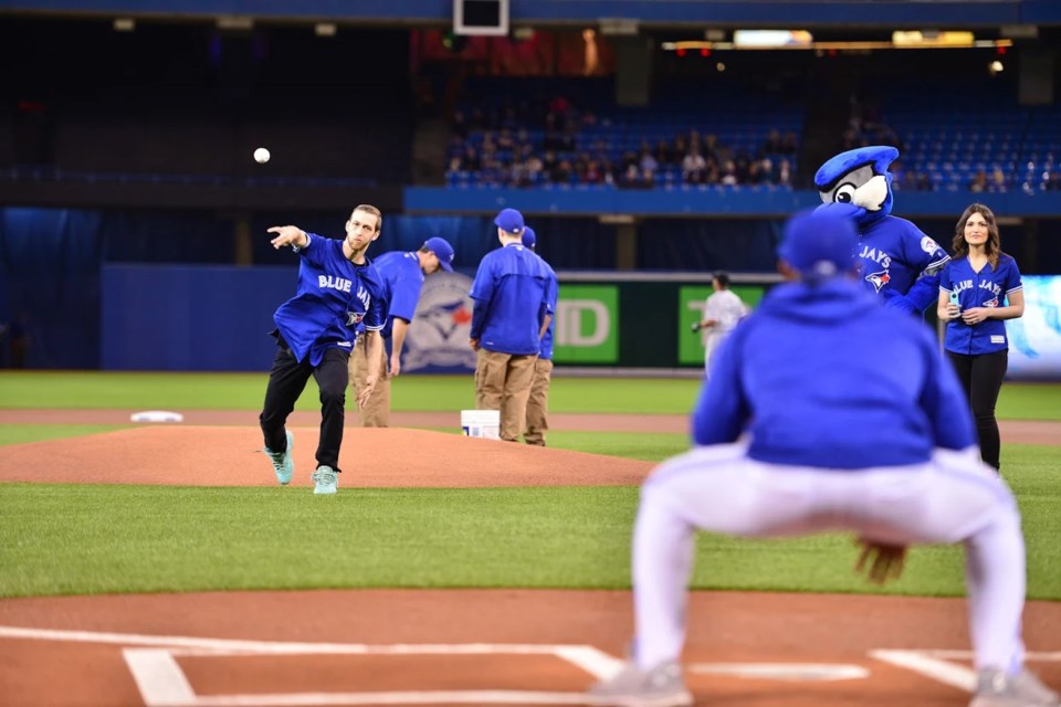 Sudbury's dunk king Jordan Kilganon had the honour of throwing out the first pitch during the Blue Jays game on April 26. Photo: Toronto Blue Jays.