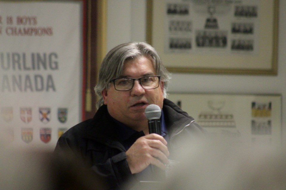 Richard Charette delivers a speech introducing himself as a candidate for chair of the Minnow Lake Community Action Network during a meeting at the Sudbury Curling Club building on Thursday.