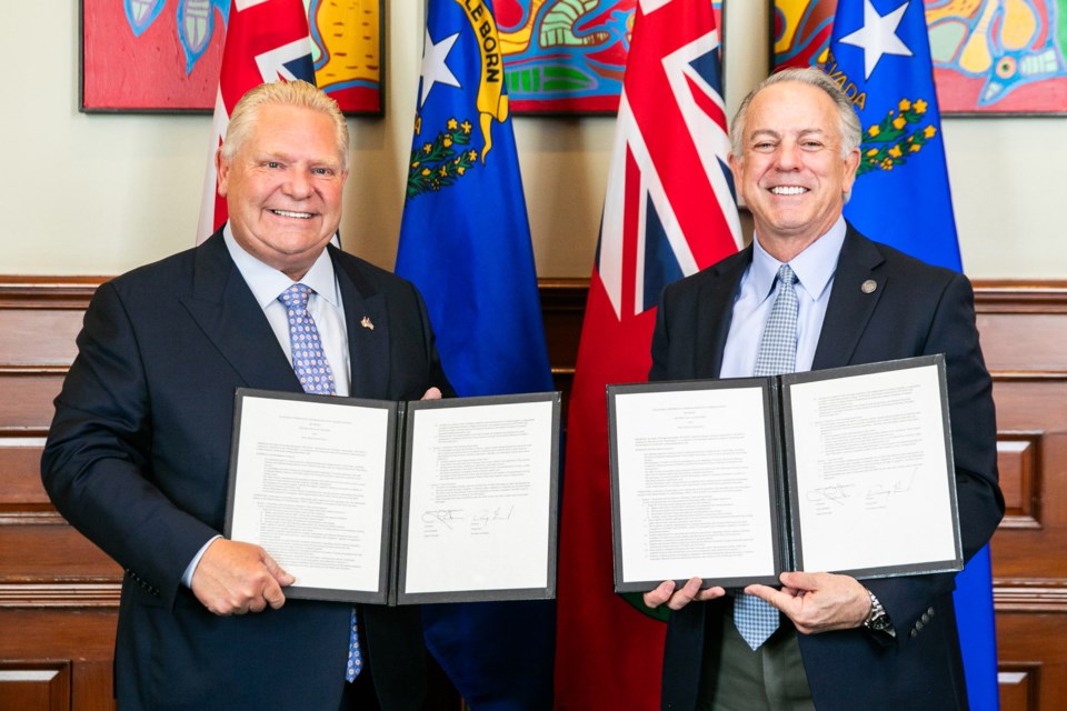 Premier Doug Ford, left, and Nevada governor Joe Lombardo signed a business agreement to promote mining, among other things, during a ceremony at Queen’s Park on Sept. 27.