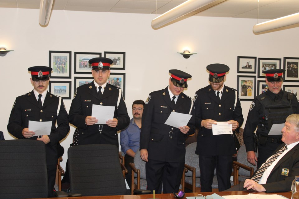 Greater Sudbury Police Service Constables Tyler Bennett, Zenon Kruk, Noah Manitowabi, Taylor Williamson and Mark Zettler are seen during the Sept. 27 police board meeting.