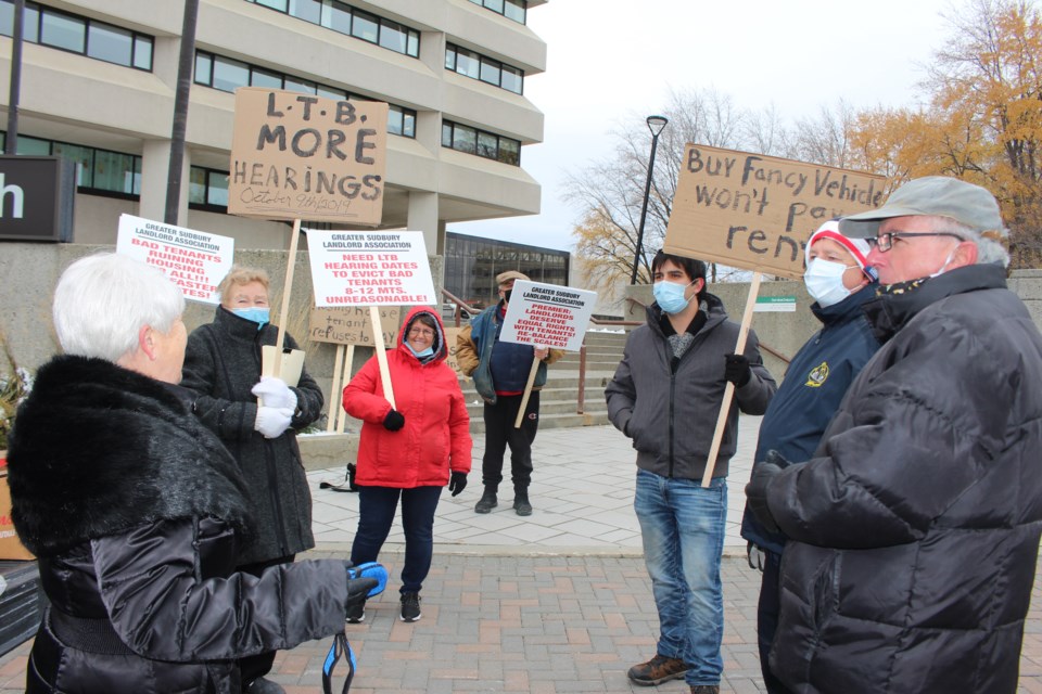 A group of frustrated Sudbury landlords took to the streets in front of Tom Davies Square on Oct. 27 to express their displeasure with the Landlord Tenant Board. (Matt Durnan/Sudbury.com)