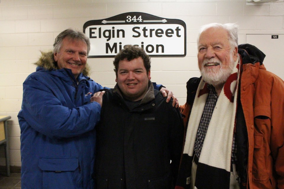Tom Morris, master of Nickel Lodge, Greg Blomme and Lionel Rudd, representing the Sudbury, Manitoulin Freemasons' in donating proceeds of its winter clothing drive to the Elgin Street Mission. (Keira Ferguson/ Sudbury.com)