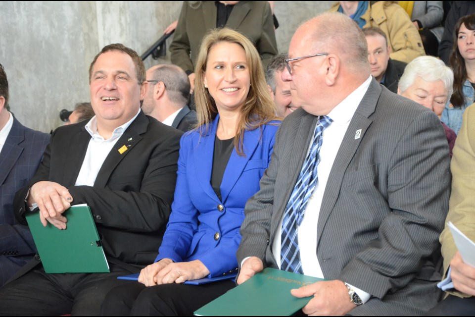 Minister of Francophone Affairs Caroline Mulroney chats with Nickel Belt MP Marc Serré and Mayor Brian Bigger at the unveiling of the exterior design for Place des Arts. (Arron Pickard/Sudbury.com)