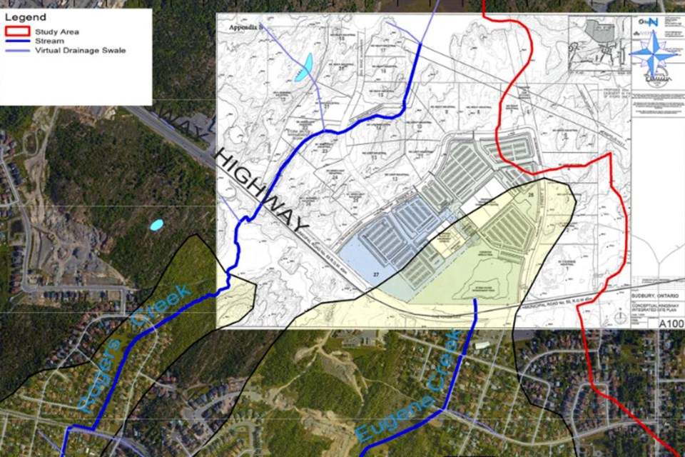 This image from the Ramsey Lake Subwatershed Study and Master Plan shows the Kingsway Entertainment District and the ring road encircling it within the watershed.