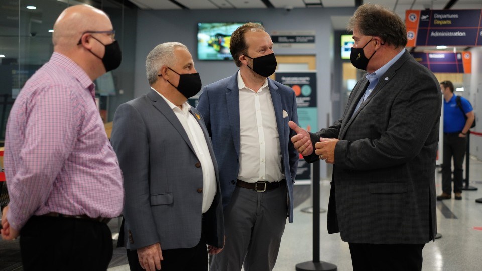 The federal government announced more than $3.5 million in funding for the Sudbury Airport Community Development Corporation July 29. From left are Ward 7 Coun. Mike Jakubo, Nickel Belt MP Marc Serré,  Sudbury MP Paul Lefebvre and Greater Sudbury Airport CEO Todd Tripp.