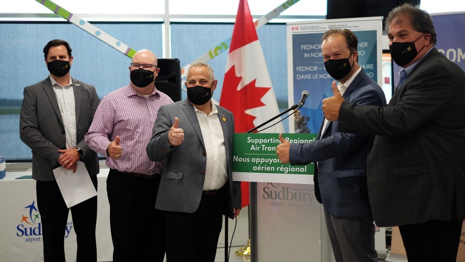 The federal government announced more than $3.5 million in funding for the Sudbury Airport Community Development Corporation July 29. From left are Jean-Mathieu Chénier, the airport's director of marketing, airport excellence and innovation, Ward 7 Coun. Mike Jakubo, Nickel Belt MP Marc Serré, Sudbury MP Paul Lefebvre and Greater Sudbury Airport CEO Todd Tripp.