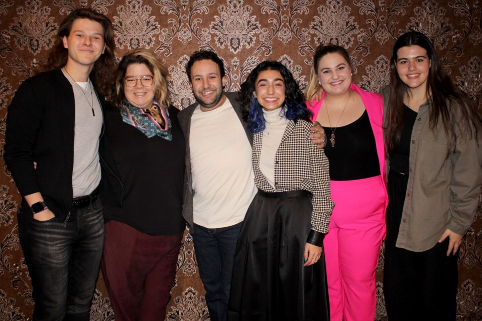 Members of the YES Theatre/STC community are seen at the Nov. 28 launch of the 2023 season. From left are company member Colton Gobbo, resident production stage manager Morgan Cook, artistic/managing director Alessandro Costantini, company member Gaia Dhatt, company member and education department staff member April Perrin and company member Maryn Tarini.