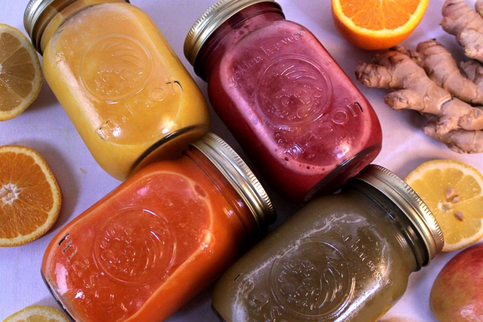 The four main Osadji cold pressed juices are differentiated by the colours red, yellow, green and orange. Amrita is yellow in colour. Rajas is red. Sattva is full of good green fruits and vegetables and Tamas is orange. There are also two watermelon based flavours that resurface every summer when watermelons are more readily available. Echo Dawn of Sudbury makes the juices in her certified kitchen near the downtown area.