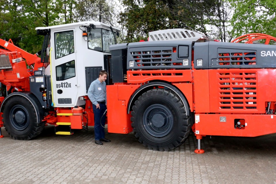 An example of a battery electric powered mining machine, which was on display at the Battery Electric Vehicle conference held in Sudbury.