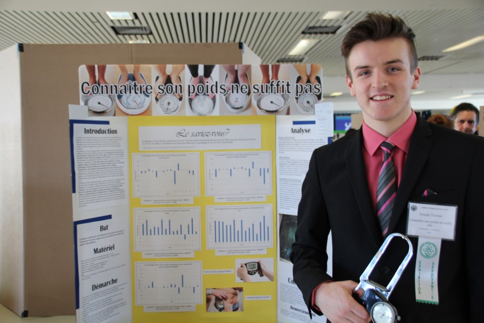 Joseph Trottier, a Grade 10 student at Collège Notre-Dame, will be competing at the Canada-Wide Science Fair. He was honoured for the quality of his project entitled “Knowing Your Weight Is Not Enough” (Connaître son poids de suffit pas). (Supplied)
