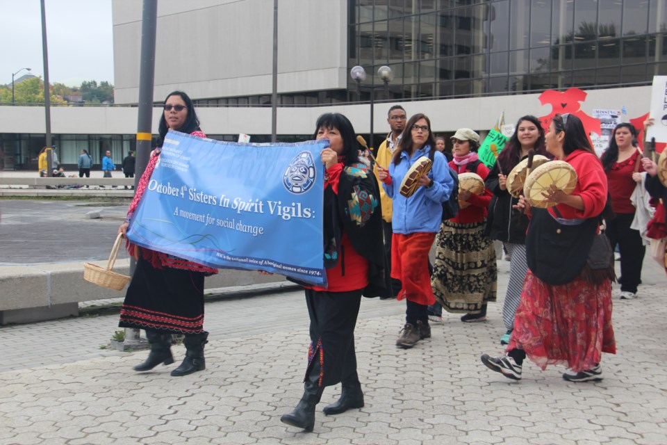 More than 100 people participated in the city's fifth annual Sisters in Spirit march in downtown Sudbury Tuesday morning, remembering missing and murdered indigenous women. Photo by Heidi Ulrichsen.
