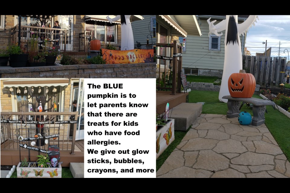 Sudbury.com reader Lori Ferguson compiled photos of her front festive front lawn and wrote in a written blurb in the photo. The blurb says that she has a blue pumpkin by her porch to notify parents that she also has allergy friendly treats so that parents won't have to worry about using epi-pens. She makes an effort to leave this alternative for kids every year for Halloween. 