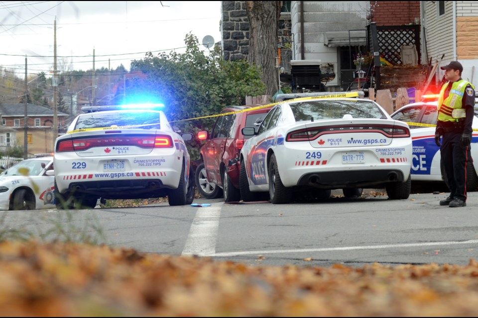 Greater Sudbury Police at the scene of where a police chase today came to an end at the intersection of Kathleen Street and Melvin Avenue. (Chase Stuart/Sudbury.com)