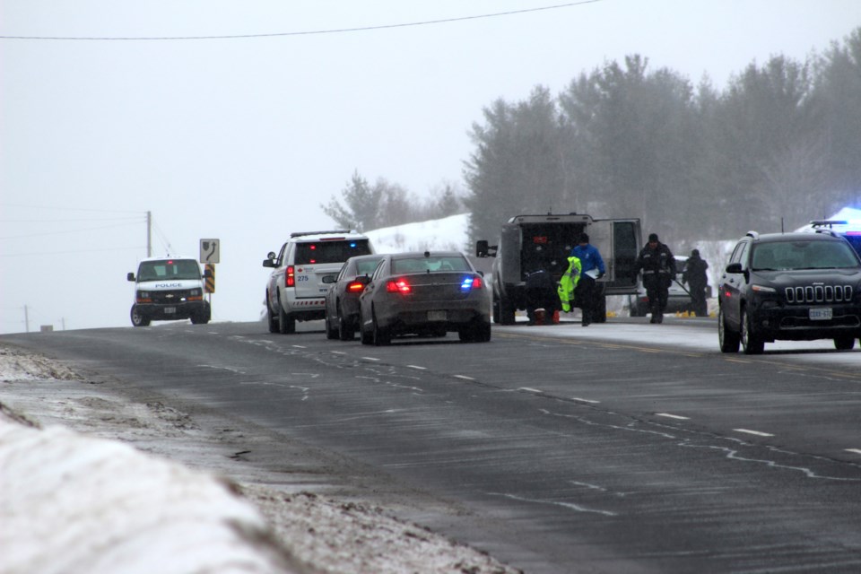 Greater Sudbury Police investigators at the scene of a pedestrian collision on The Kingsway Wednesday morning. (Heather Green-Oliver/Sudbury.com)