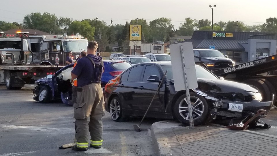 A two-vehicle collision near the intersection of The Kingsway and Barrydowne Road sent three people to hospital with non-life-threatening injuries this morning. (Mark Gentili/Sudbury.com)