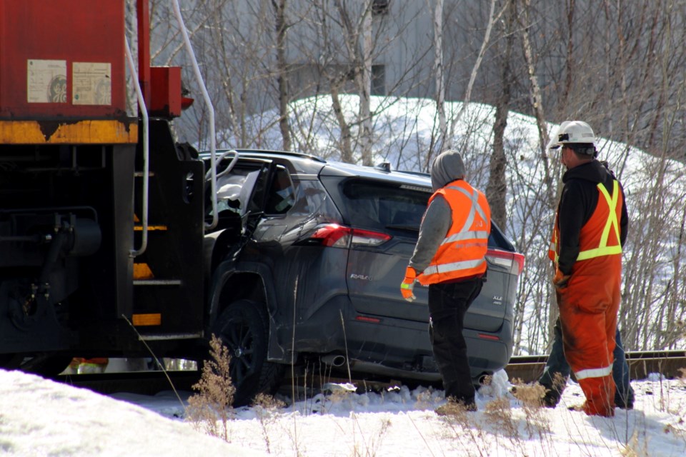 Greater Sudbury police, fire and paramedics were on scene March 15 after a vehicle collided with a train near Barrydowne Road and Lasalle Boulevard. Two people had to be extricated from the vehicle.