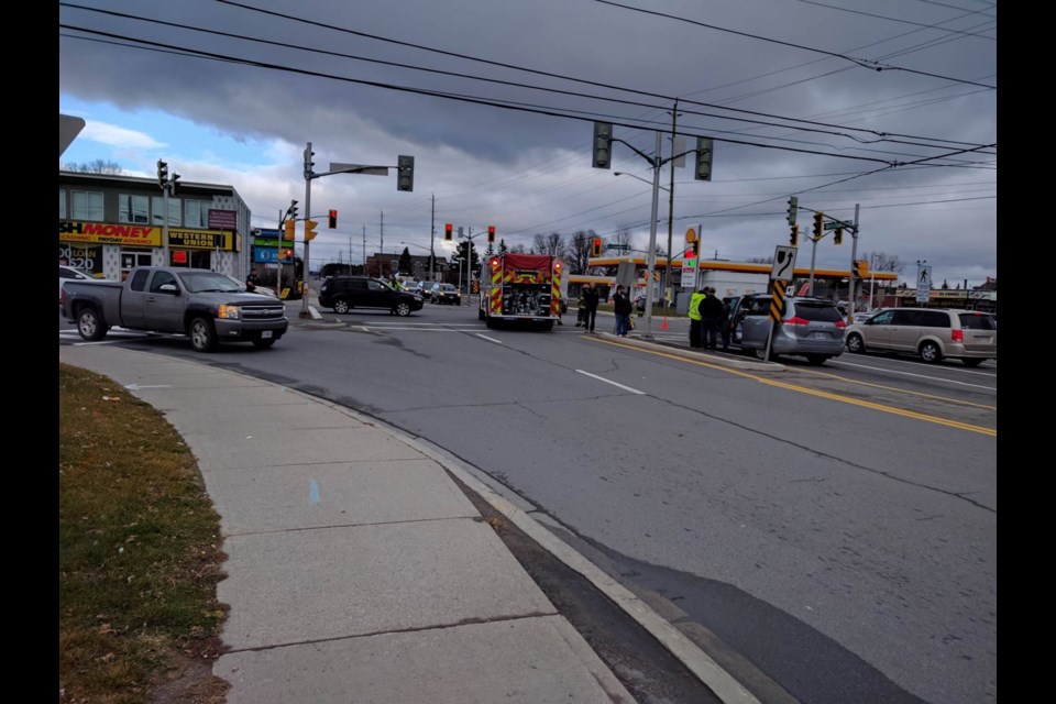 Traffic is moving slowly at the corner of Lasalle and Barrydowne as Greater Sudbury Police investigate a collision between a pedestrian and a vehicle late this morning. Photo by Jonathan Migneault.