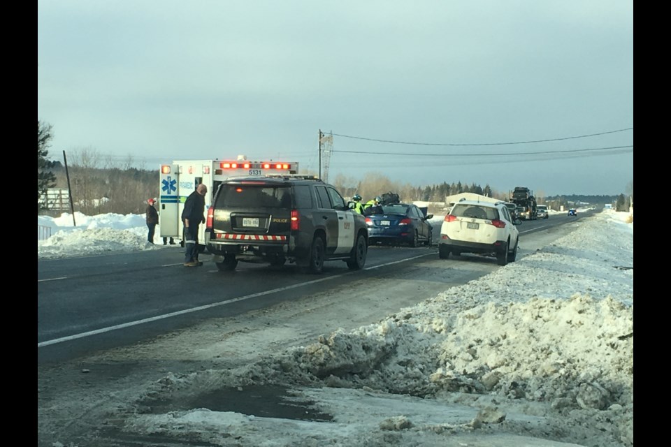 Highway 17 is now open after briefly being closed near Coniston due to a two-vehicle collision earlier this morning. Photo by Andrew Auger.