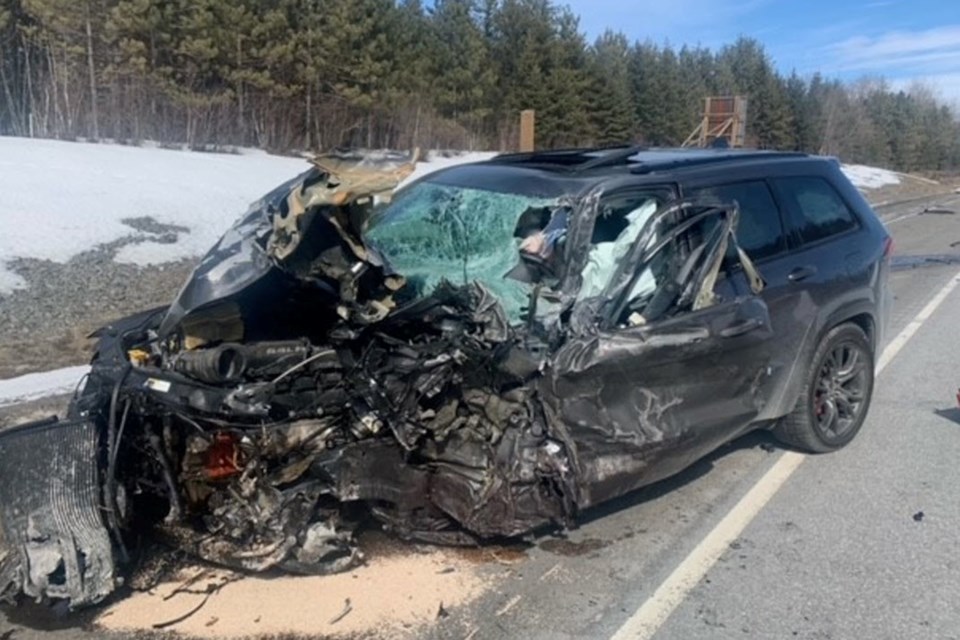 The aftermath of a motor vehicle collision on Highway 17 on March 15 between a tractor-trailer and a passenger vehicle. The driver of the passenger vehicle was sent to hospital with non-life-threatening injuries.