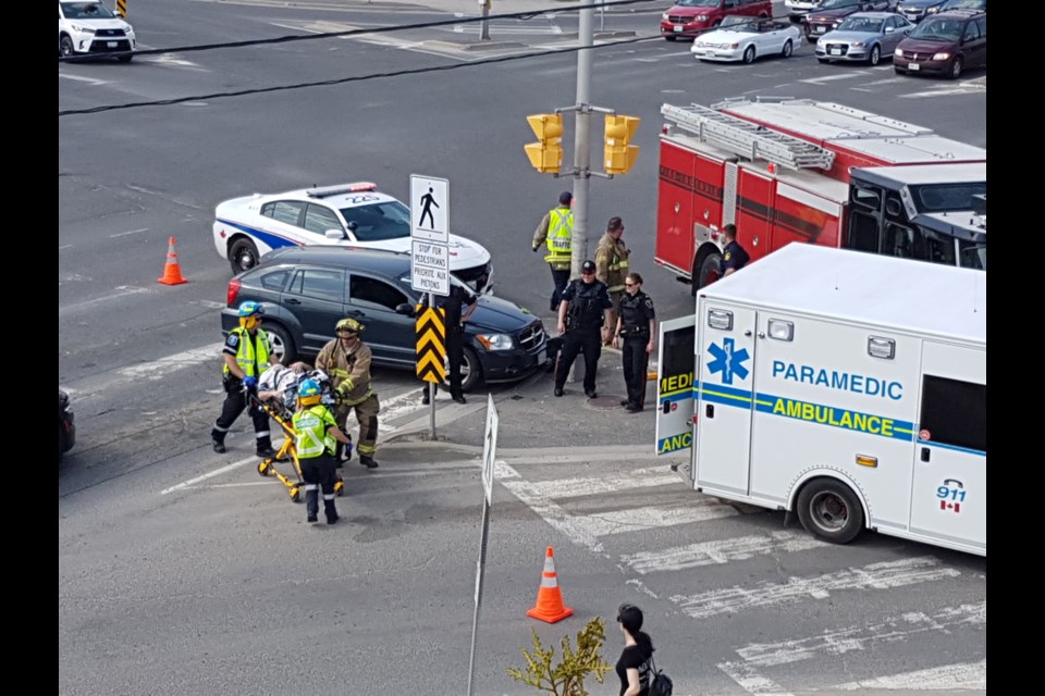 Reader Marc St. Louis captured these images of the single-vehicle crash on Paris Street late in the afternoon of May 17. (Marc St. Louis)