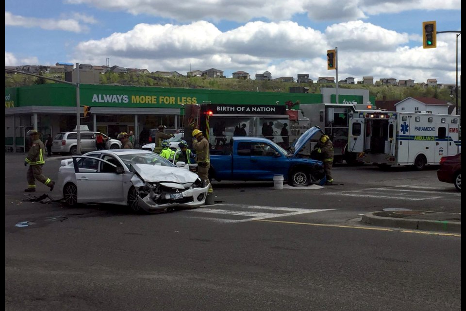 A three-vehicle collision at the intersection at Notre Dame Avenue and Kathleen Street is snarling traffic in the Flour Mill this afternoon.