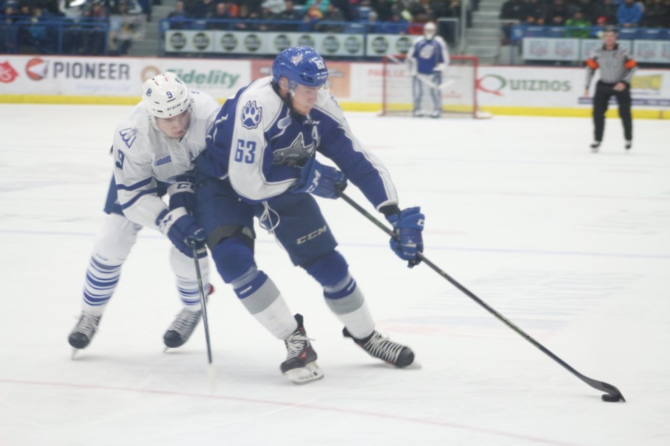 The Sudbury Wolves battled the Mississauga Steelheads in OHL action on Sunday at Sudbury Arena. Photo by Arron Pickard.