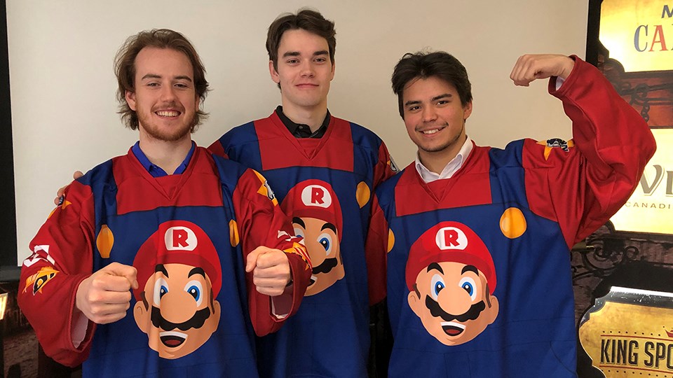 The Rayside Balfour Canadians Jr. A Hockey Club is looking to one-up the competition during the first ever Super Mario-themed jersey night in the NOJHL on Feb. 27. Pictured left to right are: Canadians' defencemen Gregory Arnburg, Zachary Snow and forward Mathieu Dokis-Dupuis. (Heather Green-Oliver/Sudbury.com)