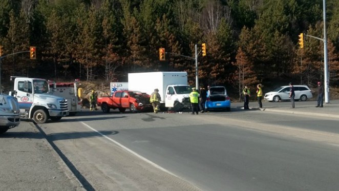 The Ontario Provincial Police are on the scene of a three-vehicle crash in Coniston. (Mark Gentili)
