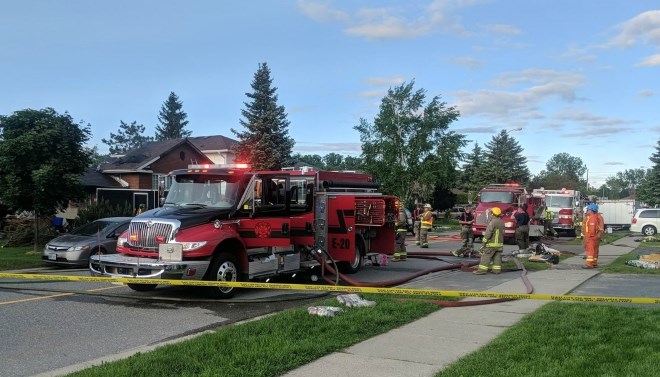 Greater Sudbury firefighters are on the scene at Ravina Avenue and Orell Street in Garson. The public is asked to avoid the area. (Darien Taylor/Sudbury.com)