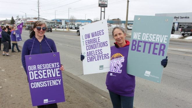 Extendicare Falconbridge employees took to the streets on Thursday for an information picket, calling on their parent company to better support frontline staff. (Matt Durnan/Sudbury.com)