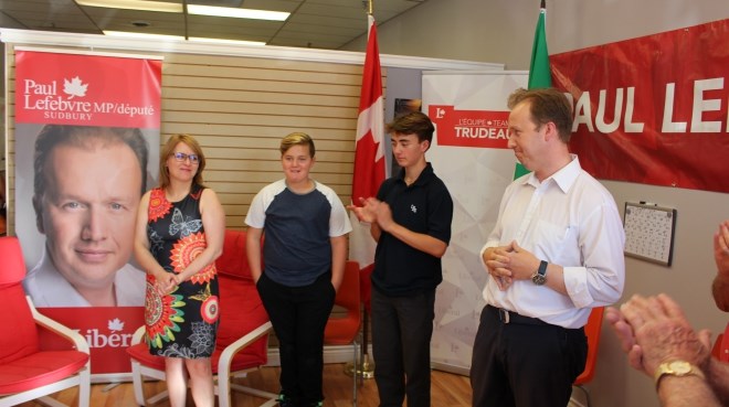 Surrounded by his family friends, Sudbury Liberal MP Paul Lefebvre opened his campaign office Thursday on Notre Dame Avenue. (Darren MacDonald/Sudbury.com)