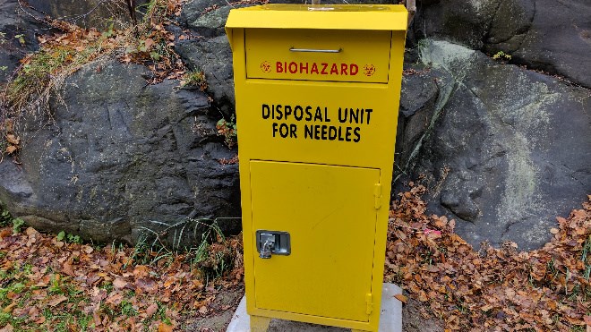 Orillia City Councillor Jay Fallis would like to see bins, like this one, placed in public parks so needles aren't discarded in areas where children play. 