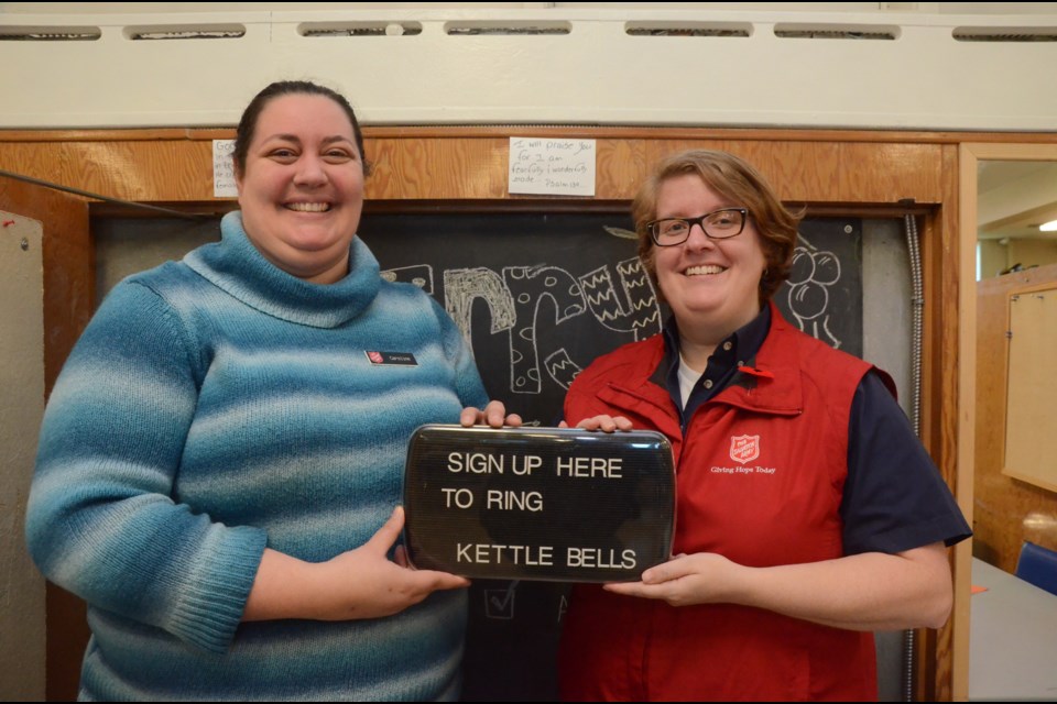 Capt. Anney Summerfield, Corps Officer, right, and Community Ministries Co-ordinator Caroline Lewis are looking for volunteers to help The Salvation Army staff its Christmas Kettle Campaign over the holiday season.