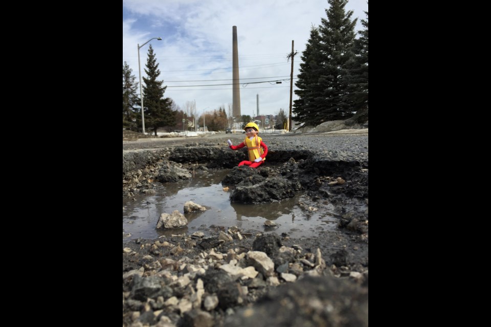Pothole Pete here with another Pothole of the Day. This one is located on Power Street near the Balsam intersection in Copper Cliff. (Heather Green-Oliver/Sudbury.com)